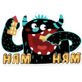 🍔 ням ням monstro, fofo, comida, comendo, russo, desenho animado whatsapp sticker