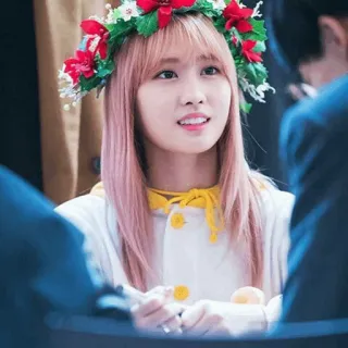 🐤 femme, portrait, couronne de fleurs, personne, sourire, cheveux roses telegram sticker