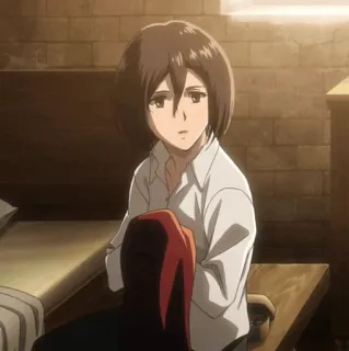 ❤️ Mikasa Ackerman Attack on Titan อนิเมะ, เศร้า, จริงจัง, ตัวละคร, นั่ง, ผู้หญิง, มังงะ whatsapp sticker