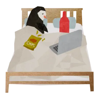 🛏 CHIPS pinguino, patatine, laptop, letto, relax, tranquillo, pigro telegram sticker