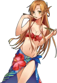 🍡 Asuna Yuuki Sword Art Online Anime, Chica, Traje de baño, Playa, Verano, Comida, Lindo telegram sticker