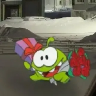 🙂 Om Nom Cut the Rope Om Nom, Cut the Rope, cadeau, fleurs, dessin animé, monstre vert, mignon telegram sticker