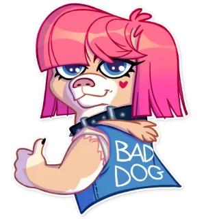 👍 BAD DOG cão, desenho animado, fofo, animal, cabelo rosa, personagem, ilustração whatsapp sticker