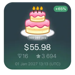 🎂 +65%
169 085 pcs
$55.98
163 694
01 Jan 2027 13:13 (UTC) 蛋糕, 生日, 庆祝, 数字艺术, 数字, 日期, 价格 telegram sticker