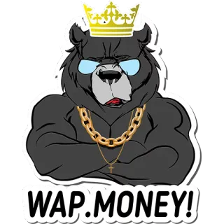 🐻 WAP.MONEY! oso, corona, dinero, gafas de sol, cadena, mascota, dibujo animado whatsapp sticker