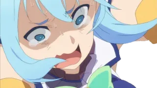 😖 Aqua Konosuba anime, llorando, expresión facial, comedia telegram sticker
