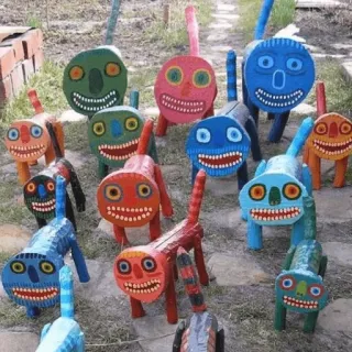 😸 escultura em madeira, arte, gato, caprichoso, colorido, arte popular, feito à mão whatsapp sticker