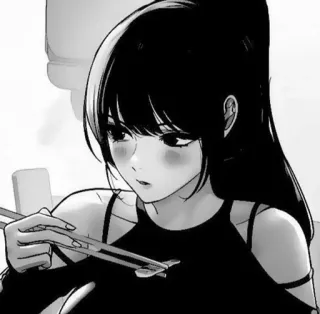 🧧 动漫女孩, 吃, 筷子, 黑白, 可爱, 漫画, 亚洲 telegram sticker