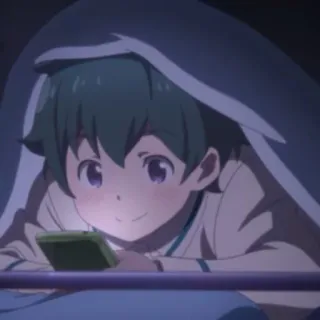 ☺️ アニメ, 男の子, 毛布の中, 携帯電話 telegram sticker