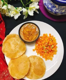 🍲 food, indian food, puri, motichoor ladoo, aloo sabzi, sweets, traditional food, cuisine telegram sticker