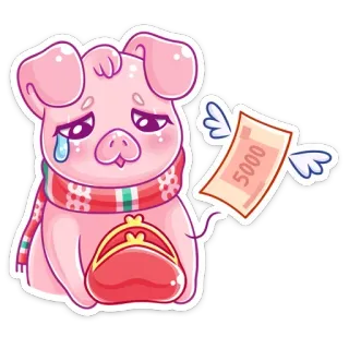 😢 cerdo, dinero, triste, lindo, billetera, bufanda, dibujo animado, animal telegram sticker