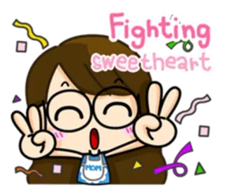 ✌ Fighting sweetheart cartoon, girl, sweetheart, fighting, cute, glasses, apron, mom whatsapp sticker