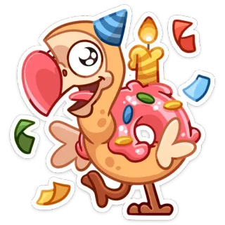 🥳 Dodo, Uccello, Cartone animato, Festa, Ciambella, Carino, Party whatsapp sticker