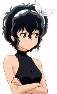 😕 anime, garota, personagem, cabelo preto, laço, braços cruzados telegram sticker