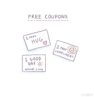 🐝 FREE COUPONS
1 FREE
HUG
1 GOOD
DAY
refund. I hug
1 FREE
COMPLIMENT Купоны, Бесплатные обнимашки, Комплимент, Хорошего дня, Милый, Доброе, Поддержка whatsapp sticker