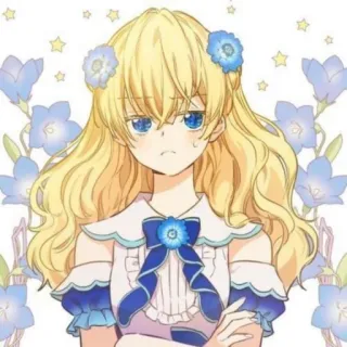 👑 Animé, Dessin animé, Fille, Blonde, Bleu, Fleurs telegram sticker