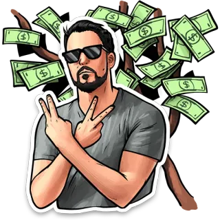 ✌️ hombre, gafas de sol, dinero, riqueza, éxito, árbol, finanzas whatsapp sticker