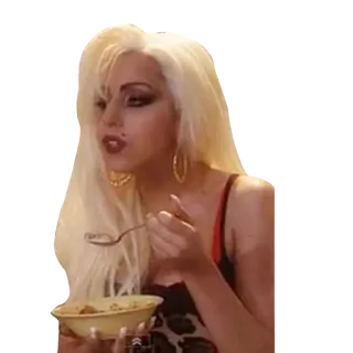 😋 mujer, comiendo, peluca, rubia, persona, comida telegram sticker