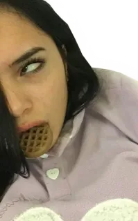 😒 woman, waffle, food, breakfast, face, eating, expression telegram sticker