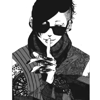 😎 Anime, Charakter, Sonnenbrille, Finger an Lippen, Tattoo telegram sticker