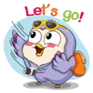 💼 Let's go! búho, viajes, vacaciones, dibujos animados, lindo, gafas de sol, mochila, cámara, pájaro whatsapp sticker