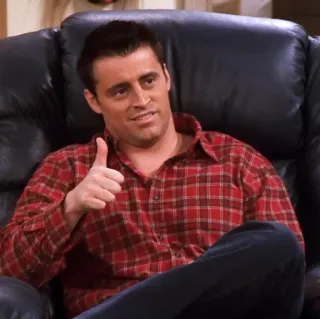 👍 Joey Tribbiani Friends pouce levé, émission TV, sitcom, joyeux, positif, flanelle rouge, souriant telegram sticker