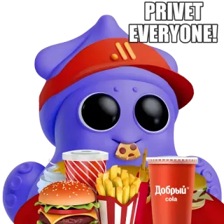 🍔 PRIVET EVERYONE! Desenho animado, Polvo, Fast food, Hambúrguer, Batata frita, Coca-cola, Fofo whatsapp sticker