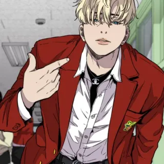 🍸 anime, personaje, blazer rojo, pelo rubio, Wind Breaker whatsapp sticker