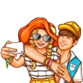 🤳 couple, selfie, friends, cartoon, happy, smile telegram sticker