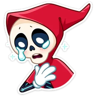 😢 cartone animato, scheletro, piangendo, triste, cappuccetto rosso, guanti, kawaii, carino telegram sticker