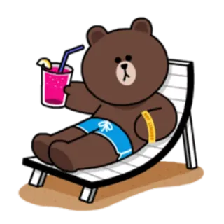 🥃 Brown медведь, пляж, лето, отдых, мультфильм, напиток whatsapp sticker