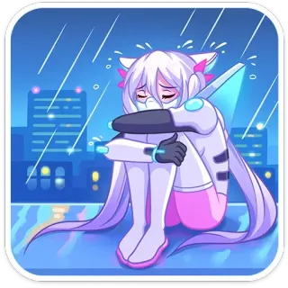 😭 anime, kocia dziewczyna, smutny, płacz, deszcz, futurystyczny, robot, pejzaż miejski telegram sticker