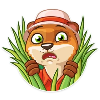 😨 loutre, dessin animé, animal, effrayé, inquiet, herbe, chapeau, illustration telegram sticker
