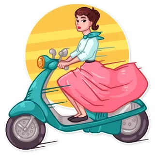🛵 mulher, scooter, retro, vintage, transporte, desenho animado, ilustração whatsapp sticker