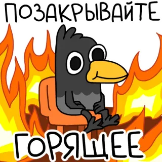 🤯 ПОЗАКРЫВАЙТЕ ГОРЯЩЕЕ crow, fire, burning, cartoon, bird whatsapp sticker