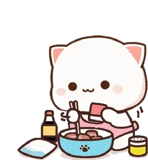 👩‍🍳 gato, comiendo, kawaii, palillos, comida, lindo, asiático telegram sticker