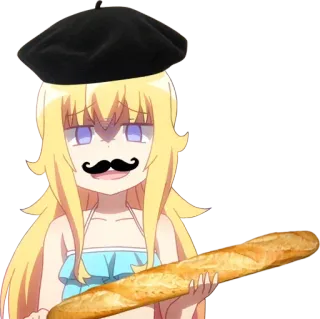 😈 Anime meisje, Baret, Snor, Baguette, Frans telegram sticker