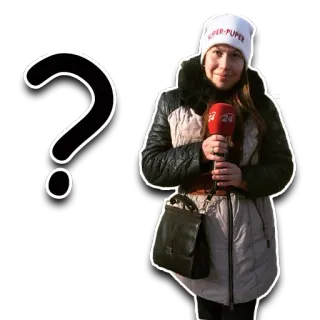 ❓ SUPER-PUPER Frau, Journalistin, Mikrofon, Nachrichten, Fragezeichen, Winter telegram sticker