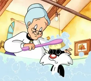 🧃 Sylvester Looney Tunes dessin animé, chat, grand-mère, bulles, brosse, bain, lavage telegram sticker