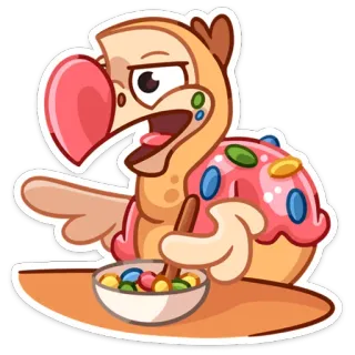 😡 uccello, dodo, donut, mangiare, ciotola, dolci, cartone animato whatsapp sticker