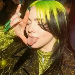 😌 Billie Eilish นักร้อง, ศิลปิน, นักดนตรี, ป๊อปสตาร์, คนดัง, ผมสีเขียว, แลบลิ้น telegram sticker