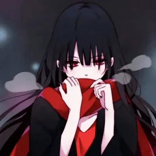🔸 anime girl, red eyes, black hair, scarf, gothic, dark, illustration telegram sticker