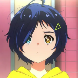 🥚 アニメ, 女の子, ポートレート, キャラクター, 青髪, 黄色いパーカー telegram sticker