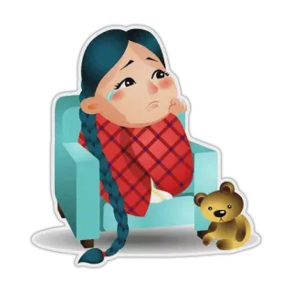 😥 슬픈, 소녀, 울음, 체크무늬, 의자, 곰인형 whatsapp sticker
