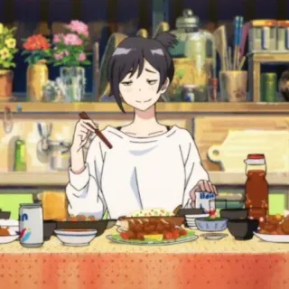 🥥 Anime, Comida, Mujer, Comiendo, Mesa, Comida telegram sticker