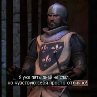 🧠 Я уже пять дней не спал, но чувствую себя просто отлично! ผู้ชาย, อัศวิน, ข้อความรัสเซีย, ชุดเกราะ telegram sticker