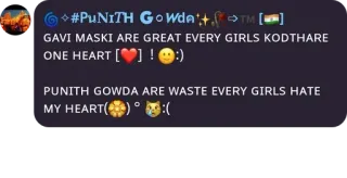 🥹 #PuNITH GOWdA+TM[]
GAVI MASKI ARE GREAT EVERY GIRLS KODTHARE
ONE HEART []!
:)
PUNITH GOWDA ARE WASTE EVERY GIRLS HATE
MY HEART()
:( telegram sticker