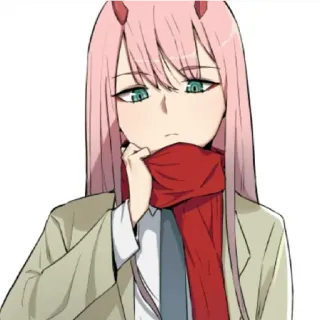 😒 Zero Two Darling in the Franxx 애니메이션, 만화, 제로투, 달링 인 더 프랑키스, 핑크 머리, 뿔, 캐릭터 telegram sticker