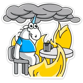 🙂 unicorno, fuoco, nuvola, triste, caffè, cartone animato, adesivo telegram sticker