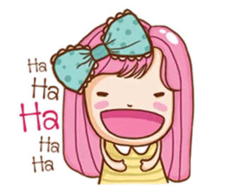 😸 Ha ha ha Cartoon, Lachen, pinke Haare, Schleife, glücklich, Mädchen, animiert, süß telegram sticker
